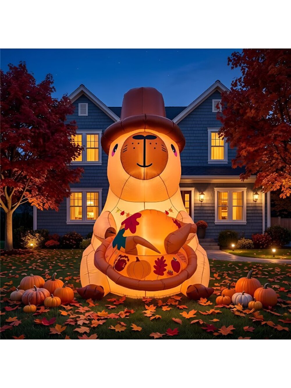 5FT Thanksgiving Inflatable Capybara with Pilgrim Hat LED Yard Decoration